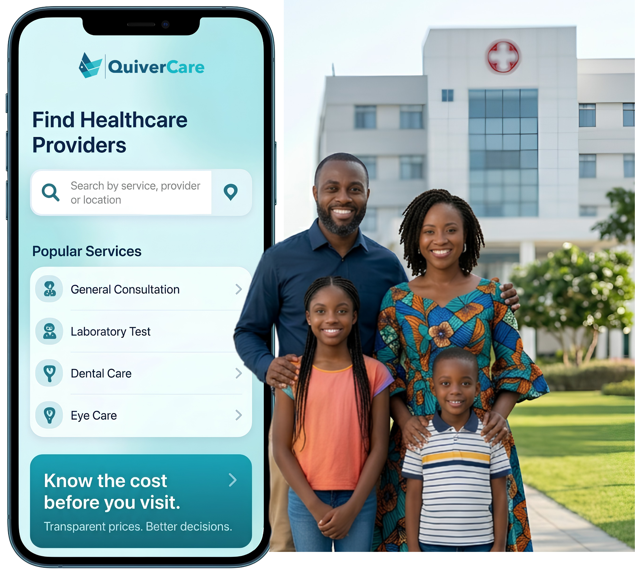 QuiverCare healthcare access concept showing a family and provider-discovery interface